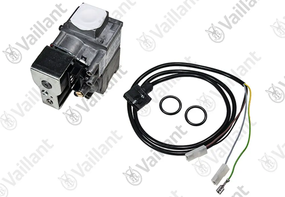 Vaillant Gasarmatur mit Anschlussleitungen und Dichtungen, ausgestattet mit elektrischen Kontakten und einer kompakten Bauform.